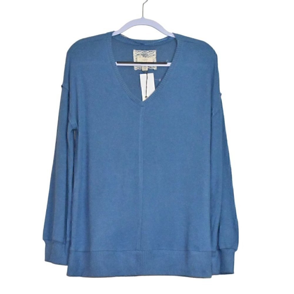 Cupio Long Sleeve Ribbed V Neck Cozy Pullover Sweater Blue Size S